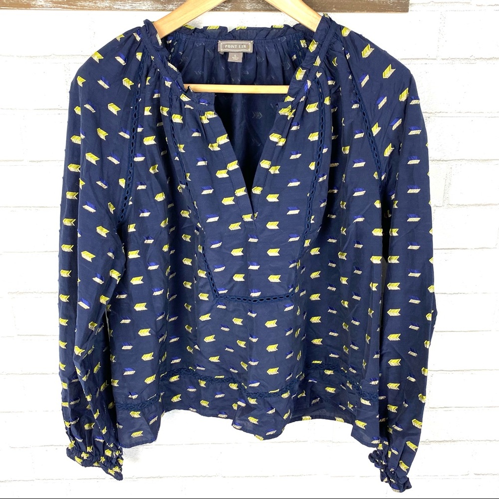 J Crew Point Sur Ruffle Popover Metallic Clip dot Top